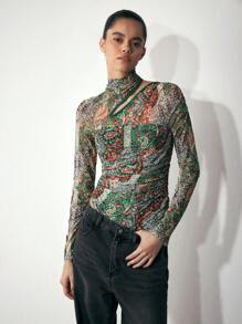 Maija 女士秋冬巴黎图案印花立领镂空长袖修身紧身衣，百搭日常穿着