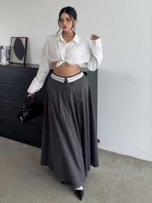 Flirla Váy xòe cạp cao cạp cao thiết kế độc đáo tối giản mới dành cho nữ cỡ lớn, hiệu ứng thon gọn, dáng maxi - Xám - Xem 3