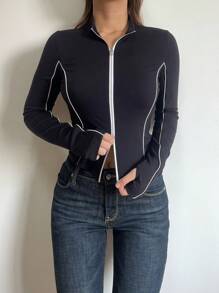SHEIN BASICS 女式休闲运动修身短款前拉链高领长袖上衣 - 黑色 - 查看 7
