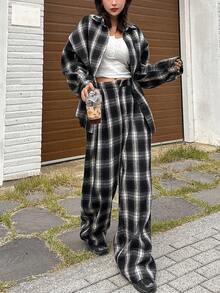 DAZY Bộ đồ thường ngày 2 món cho nữ - Áo dài tay kẻ caro cài nút phía trước và quần dài - Đen và trắng - Xem 3