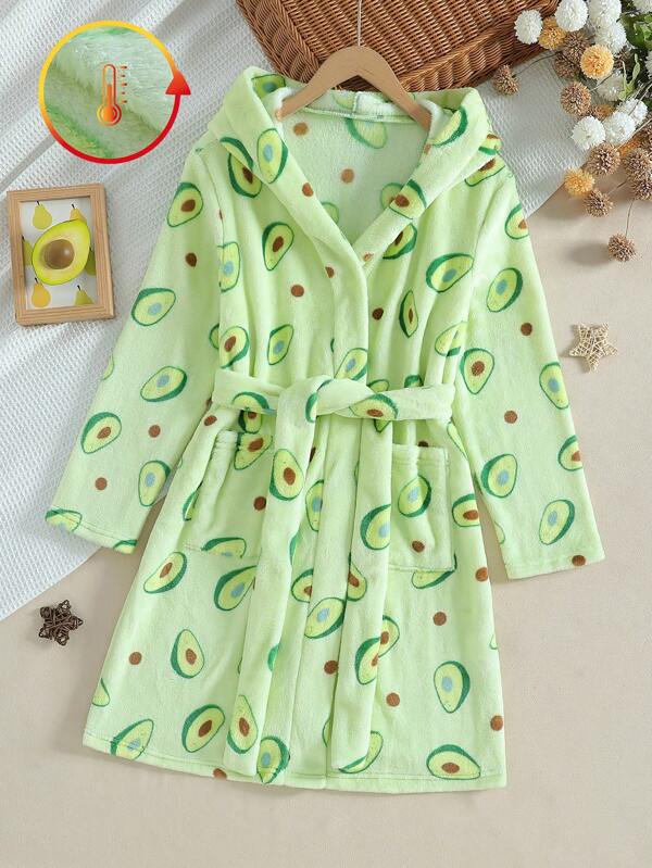 Meninas Morango Impresso Manga Comprida Com Capuz Longo Robe, Vestido Quente Casa