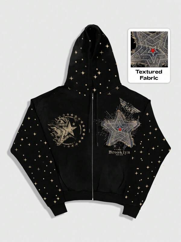 ROMWE MEN Street Life Men's Allover Print Hooded Zip-Up Long Sleeve Sweatshirt Sweatshirt