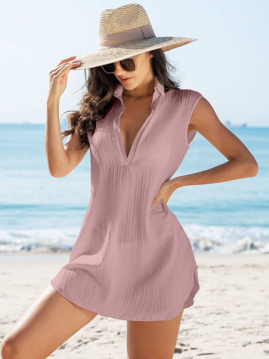 Swim Vcay 海滩装女式纯色无袖罩衫，休闲度假夏季 - 淺粉色 - 查看 1