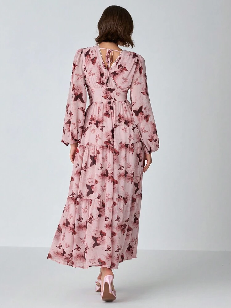 New Winter Products ,Women Romantic Butterfly Print V-Neck Ruffle Hem Lantern Long Sleeve Dress, Winter Women Dress,Christmas Dress,Christmas Women Clothes,New Years Dress,Party Women Dresses