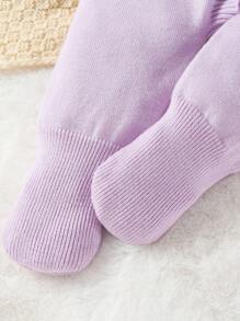 SHEIN Elladie kids Pelele de punto con cuello alto y pies para bebé niña, mono de manga larga con abotonadura a presión, decoración floral con volantes, cómodo y cálido para otoño/invierno, casual/formal, beige/caqui - Morado - Ver 3