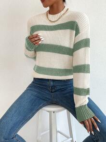 Chiquease 女士条纹高领落肩长袖休闲针织衫，秋冬针织套头衫 - 彩色 - 查看 6