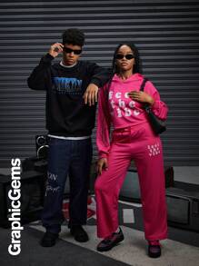 Bộ 2 áo hoodie crop top họa tiết chữ cho bé gái tuổi teen và quần dài ống rộng rộng rãi - Màu Hồng Tươi - Xem 9