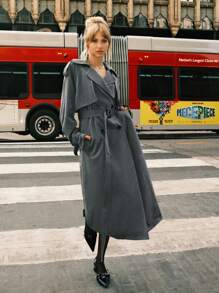 SHEIN EZwear Casual Notched Lapel Double Breasted Belted Trench Coat, Autumn - Dark Grey - View 3