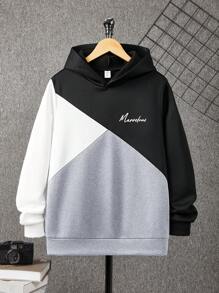 SHEIN Sudadera holgada, cómoda y versátil con estampado gráfico y parches de colores contrastantes para adolescentes - Gris - Ver 1