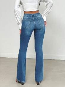 EURMUSE Solid Color Skinny Pocket Casual Versatile Washed Flare Jeans - Medium Wash - View 2