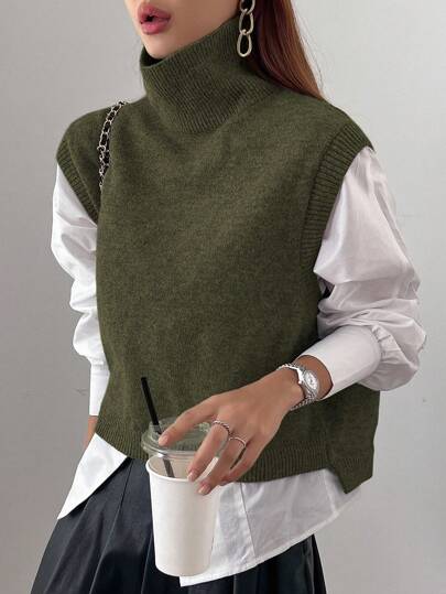 DAZY Women Plain Color Pullover Sweater Vest, Turtleneck, Spring/Autumn