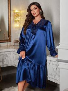 Plus Size Long Palace Style Ruffled Lace Trim Faux Silk Dress