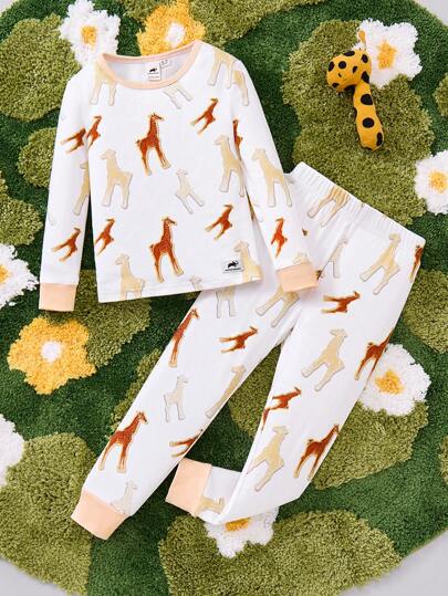 Animal Planet X SHEIN Young Girl Giraffe Animal Graphic Knit Round Neck Colorblock Fitted Snug Fit Pajama Set, Comfy Home Wear For Autumn/Winter