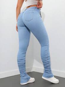 SHEIN Tall 正面纽扣闭合、多口袋、简约休闲紧身喇叭腿牛仔裤 - 淺色水洗藍 - 查看 5