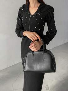 FRIFUL 1件装 女士前拉链长袖简约中长款休闲连衣裙，秋季连帽连衣裙 - 黑色 - 查看 3