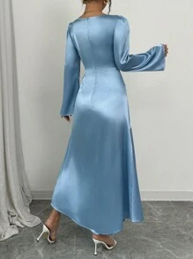Elenzga Elegant Long Dress With Ruched Neck And Fishtail Hem Maxi Satin Women Outfit
