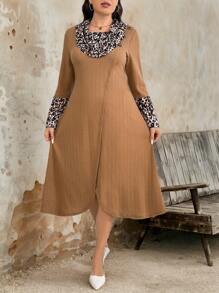 Plus Size Women's Knitted Jacquard Leopard Print Color-Blocking Warm Sweater Dress - Khaki - View 6