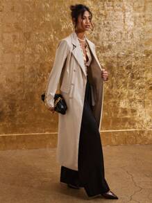 COSMINA 女士纯色双排扣优雅通勤长袖长外套 - 奶油色 - 查看 4