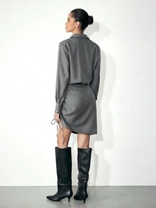 Maija Gaun Pendek Wanita Kasual Bergaris dengan Tali Serut Samping, Musim Gugur/Musim Dingin - Dark Grey - View 5