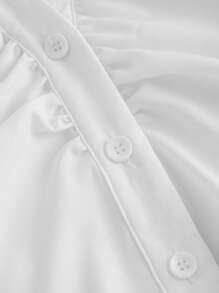 SHEIN MOD 女式 V 领荷叶边喇叭袖衬衫，收腰，黑色长袖衬衫，女巫服装，纽扣衬衫，音乐会女装，服装，机场女装 - 白色 - 查看 3