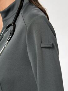 TaskEZ Women's Long Sleeve Collared Multi-Pocket Nursing Uniform Scrub Top - Grey - View 6