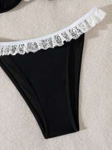 SHEIN Swim 2pcs Women Ruffled Shelf Bra Bikini Swimwear, Ruched Beach Bathing Suit For Summer - Black - View 4