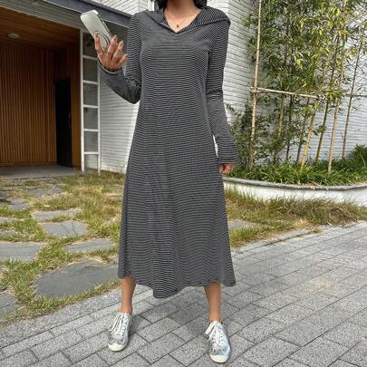 줄무늬 프린트 후드 네크라인 긴팔 미디 드레스 여성용, 가을 의류
