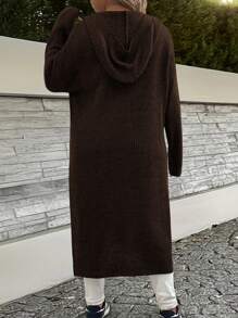SHEIN LUNE 大码女式落肩纯色长袖开衩休闲连帽毛衣连衣裙，秋冬 - 咖啡棕 - 查看 2