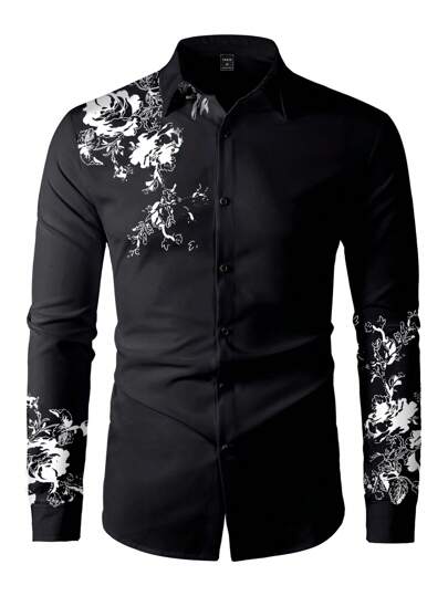 Manfinity Homme Camisa de vestir de manga larga con estampado floral para hombres, estilo caballero para primavera/otoño