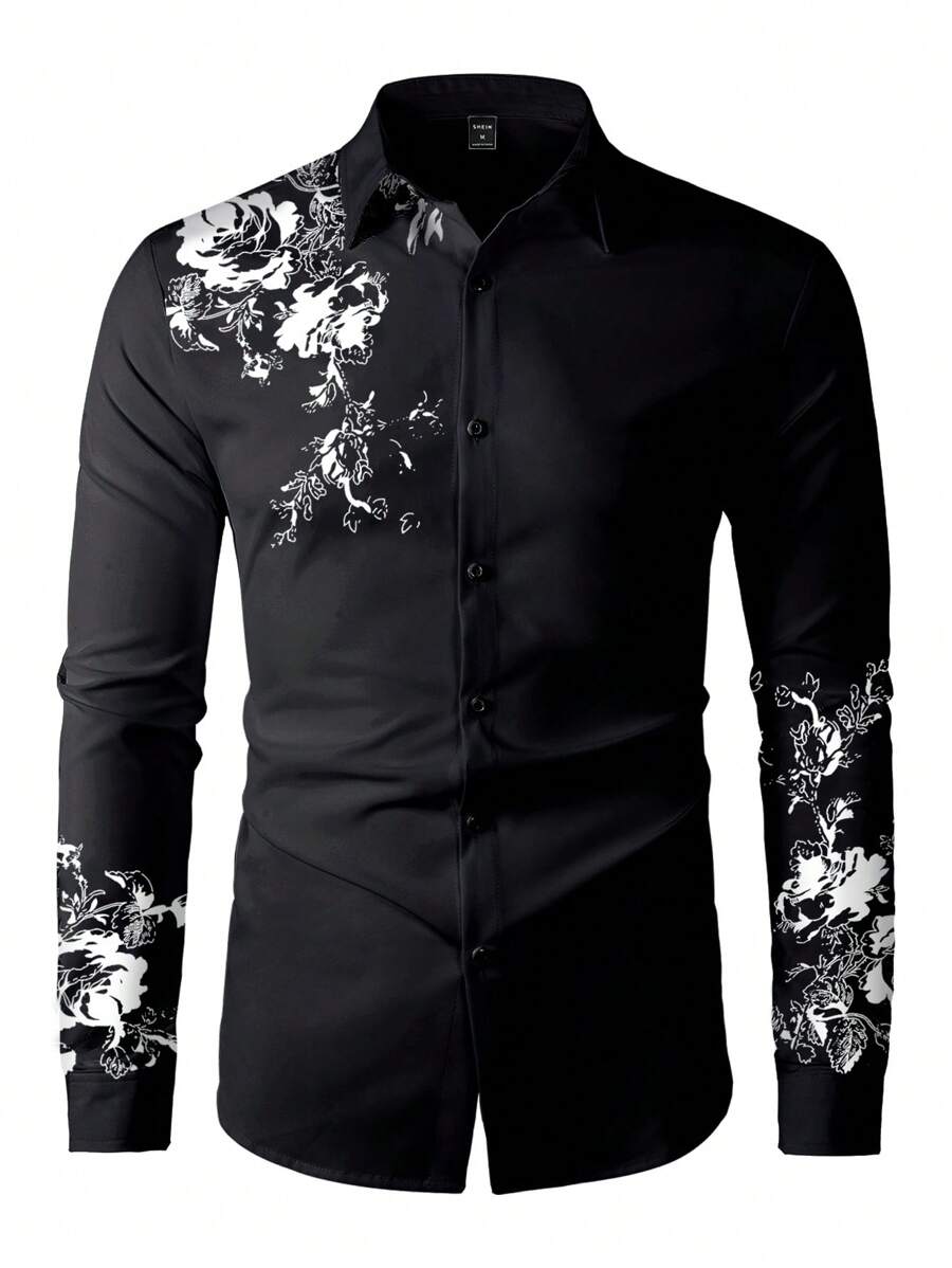 Manfinity Homme Men's Floral Pattern Long Sleeve Black Dress Shirt, Gentlemen Style For Spring/Autumn, Fall - Black - View 1