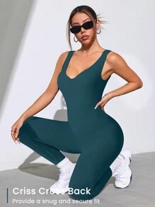 Easithlete Áo ba lỗ bó sát co giãn màu trơn thời trang nữ & quần legging liền thân - Màu xanh lá cây đậm - Xem 5