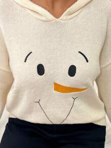 EMERY ROSE Plus Size Women Winter Crew Neck Cute Snowflake Pattern Snowman Embroidery Loose Drop Shoulder Casual Hooded Sweater Knit Pullover Fall Outfit Autumn