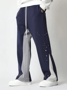 SUMWON 时尚运动运动裤，带有泼漆细节，慢跑风格抽绳松紧腰，舒适街头休闲运动裤，秋冬款 - 藏蓝色 - 查看 2