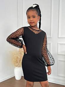 SHEIN Tween Girl Elegant Casual Street Style Heart Flocked Mesh Patchwork Petal Sleeve Casual Dress, Suitable For Party And Outings In Autumn/Winter - Black - View 4