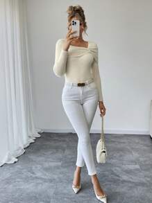 Calvaya Women Solid Color Long Sleeve Simple Knitted Sweater, Casual For Everyday Wear