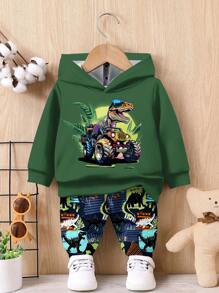 SHEIN 男婴休闲简约宽松舒适酷炫时尚恐龙印花柔软针织连帽衫和裤子套装，适合秋冬季 - 彩色 - 查看 3