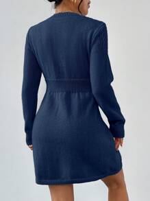 Chiquease 1pc Women Solid Color Round Neck Long Sleeve Simple Casual Short Knit Sweater Dress - Royal Blue - View 2