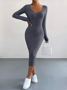 SHEIN Essnce Đầm midi dáng ôm cổ chữ V tay dài màu trơn cho nữ, mùa thu - Màu xám đen - Xem 7