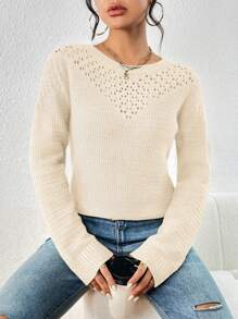 Chiquease Crew Neck Net Sweater, Casual And Versatile Long Sleeve Pullover Knit Pullover Fall Winter - Apricot - View 6