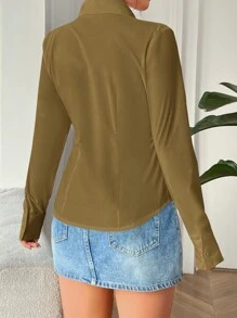SHEIN EZwear 1pc Women's Solid Color Front Button Long Sleeve Shirt Collar Casual Blouse