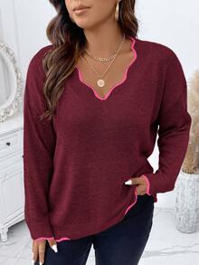 Calvaya Áo len viền sò khối màu cỡ lớn thường ngày, thu/đông - Màu Đỏ Sâu - Xem 4