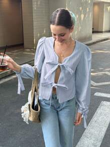 INAWLY 女式休闲条纹纽扣灯笼袖衬衫，前系带，适合秋季日常穿着 - 淺藍色 - 查看 4