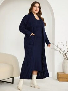 Modelyn Plus Size Solid Color Long Sleeve Cardigan & Sleeveless Dress Set, Minimalist Style, For Winter - Navy Blue - View 3