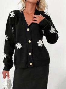 EURMUSE Floral Pattern Drop Shoulder Cardigan & Knit Skirt - Black - View 5