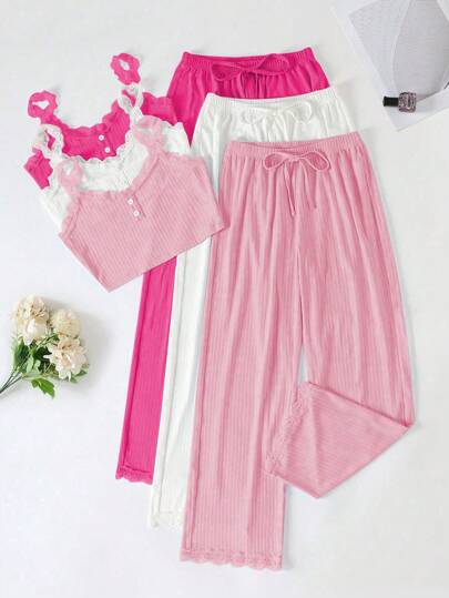 SHEIN 3 Sets Women Solid Color Contrast Lace Cami Top & Pants Sleepwear Set Lounge Set