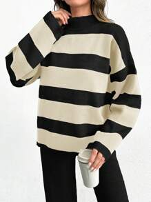 SHEIN Tall Striped Pattern Drop Shoulder Sweater & Knit Pants, Tall Women - Black and White - View 6