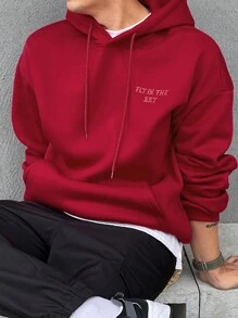 DAZY Men's Letter Print Long Sleeve Drawstring Hoodie Sweatshirt, Autumn - Red - View 7