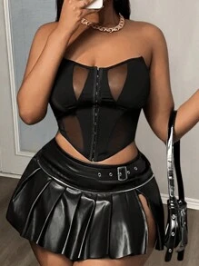 Slaydiva 感恩节弹力性感透视网纱拼接纯色女士上衣，节日派对街头风，百搭设计 - 黑色 - 查看 5