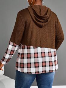 SHEIN LUNE Plus Size Plaid Patchwork Drawstring Hoodie T-Shirt, Casual Autumn - Brown - View 2