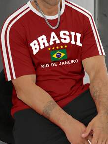 Aesthetic Post--Plus Size Men's Solid Color Patchwork Round Neck Short Sleeve Letter Print Casual T-Shirt - Burgundy - View 1